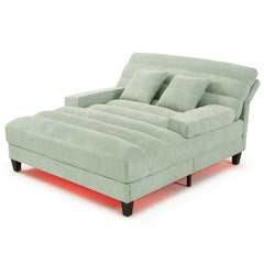 Modern Chaise Lounge Sofa Bed with Adjustable Backrest and LED Light Strip, Green Chenille Upholstered, 57.1 Inches