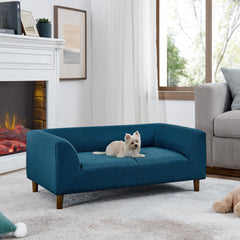 Modern Rectangular Pet Sofa with Backrest and Armrests for Small and Medium Dogs, Soft Cushion - Blue Linen