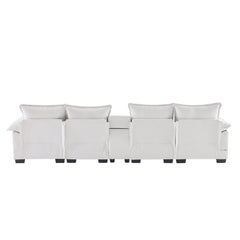 Modern U-shaped Sofa with Console, Cupholders & USB Ports, 6-seat Upholstered Furniture, Chenille, 123*55 inches, White