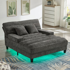 Modern Chaise Lounge Sofa 57.1' Sofa Bed with Adjustable Backrest and LED Light Strip, Grey Chenille Upholstered
