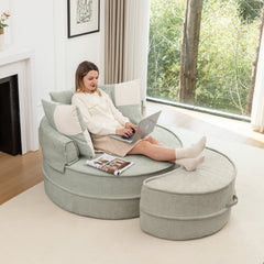 Modern Oversized Blue Round Barrel Accent Chair with Ottoman - Velvet Upholstered Lounge Armchair with 5 Pillows for Living Room or Bedroom