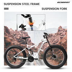 A26309 26 inch Mountain Bike,Full-Suspension 21 Speeds Drivetrain with Disc-Brake MTB Bicycle, 26*4' Fat tire Bike for Men white