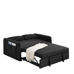 55' Modern Convertible Sofa Bed with 2 Detachable Arm Pockets, Velvet Loveseat Sofa with Pull Out Bed, 2 Pillows and Living Room Adjustable Backrest, Grid Design Armrests