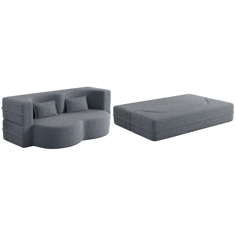 Modern Floor Sofa, with 2 Pillows, Convertible Teddy Fabric Foam Filled Bed, 15 inch Full Size Folding Mattress, Suitable for Living Room, Guest room, Game Room, Grey