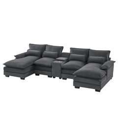 Modern U-shaped 6-Seat Sofa with Console, Cupholders, USB Ports, Velvet Upholstery in Gray