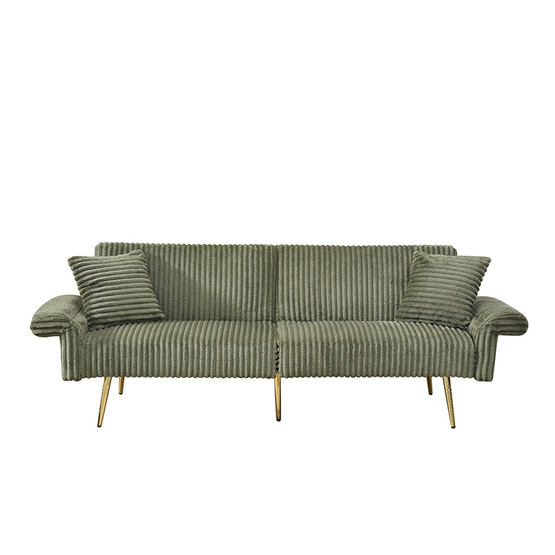Modern Corduroy Sofa Bed, Foldable Double Sofa with Armrests, Green Velvet, 79 Inch