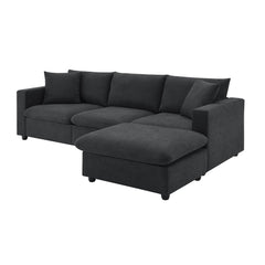 Modern Sectional Sofa with Convertible Ottoman and 2 Free Pillows, L-shaped 4-Seat Polyester Fabric Couch Set, Black