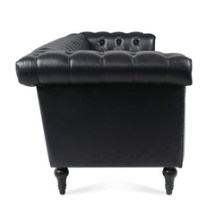 Traditional Black PU 3-Seater Sofa with Removable Cushions and Birch Legs, 83.66 Inch Width