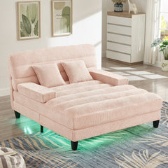 Modern Chaise Lounge Sofa 57.1' Sofa Bed with Adjustable Backrest and LED Light Strip, Pink Chenille Upholstered