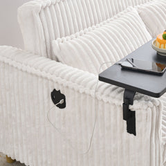 The pull-out and push-in beige corduroy sofa with dual functions, equipped with a movable tabletop and USB ports, is suitable for use in living rooms and bedrooms.