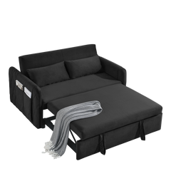 55' Modern Convertible Sofa Bed with 2 Detachable Arm Pockets, Velvet Loveseat Sofa with Pull Out Bed, 2 Pillows and Living Room Adjustable Backrest, Grid Design Armrests