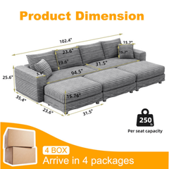 104.3 ' Plush Corduroy 4-Seat Sofa, Modern Comfy Upholstered Sofa Cloud Couch, Deep Seat Couches with Soft Pillows and 3 Ottomans, Convertible Sofa Lounge Chair, for Living Room,Apartment,Office,Grey