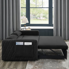 55' Modern Convertible Sofa Bed with 2 Detachable Arm Pockets, Velvet Loveseat Sofa with Pull Out Bed, 2 Pillows and Living Room Adjustable Backrest, Grid Design Armrests