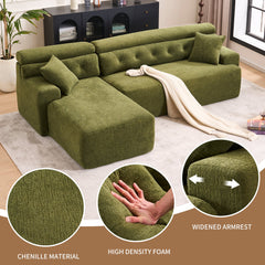 105' Modula Compression Sponge L-Shaped, Chesterfield-Inspired Design, No-Assembly Chenille Couch, 30D High-Density for Living Room, Bedroom, Apartment.Green.