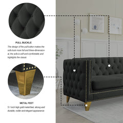 {Contact us for 3D modeling} Velvet Sofa for Living Room,Buttons Tufted Square Arm Couch, Modern Couch Upholstered Button and Metal Legs, Sofa Couch for Bedroom, Black Velvet ,2PCS