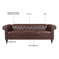 Traditional Dark Brown 3 Seater Sofa with Removable Cushions and Square Arms in PU Material