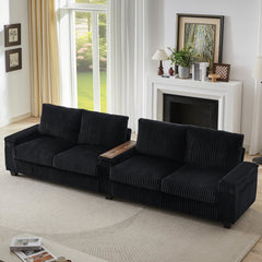 Modern 4-Seater Corduroy Sofa Couch with USB Ports and Hidden Storage in Black