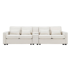 [VIDEO provided] [New] 114.2' Upholstered Sofa with Console, 2 Cupholders and 2 USB Ports Wired or Wirelessly Charged, Modern Linen Fabric Couches with 4 Pillows for Living Room, Apartment (4-Seat)