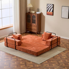 Floor Couch,Compression Sofa,Convertible Floor Sofa Bed-with Pillow Back Support Armrest,Comfy Futon Couch Lounge Sleeper Bed,chenille fabric,for Living Room Bedroom (orange)