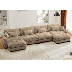 Modern Velvet U Shaped Sectional Sofa Cloud Couch with Movable Ottomans and Bolstered Armrests in Camel