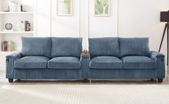 Modern 4-Seater Corduroy Sofa Couch with USB Ports, Hidden Storage, Flip-Top Cup Holders, Blue, 133'