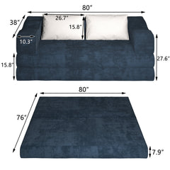 80' Convertible Couch Bed with 2 Pillows, 3-Seat Folding Floor Couch & King Size Bed Mattress, DIY Combination,Chenille,Blue