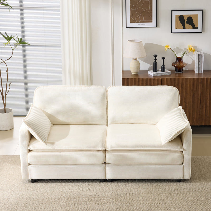 69' PLUSH CLOUD LOVESEAT: Modular 2-Seater Sectional Sofa with 22' Beige Chenille Cushions + 2 Throw Pillows - Compact Size for Apartment, Living Room, Bedroom (Beige)