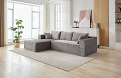 Compression Sectional Couch with Comfy Chaise, Boneless L Shape Sofa with Deep Seat, Minimalist Modular Couches Sleeper for Living Room Bedroom Apartment Lounge,corduroy,Grey