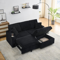 80' Corduroy Multi-Function Sofa with Hidden Reclining, Space Saving Design, Armrests, Cup Holders and Removable Footstool, Black