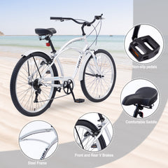 Men's Beach Cruiser Bike, 7 Speed Bicycles, 26'Inch Multiple Colors