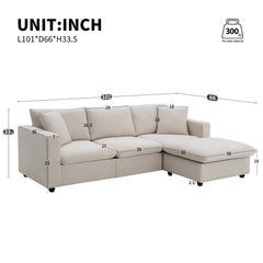 Modern Sectional Sofa with Movable Ottoman and Throw Pillows in Beige, Polyester Fabric, 101*66 inches