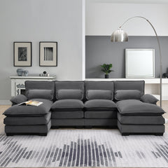 Modern U-shaped Sectional Sofa with Waist Pillows, 6-seat Upholstered Sleeper Sofa with Chaise Lounge in Velvet, 109.8*55.9', Gray