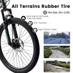 A2460 24 Inch Mountain Bike with Full Suspension, 21 Speed Shifter Lever with Gear Indicator, High Carbon Steel Frame, Mechanical Disc Brakes, Unisex for Men/Women/ Adults, Ideal for Trails.