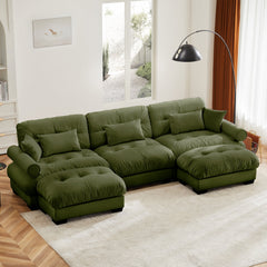 Olive Green U Shape Modular Sectional Sofa Couch with Movable Ottomans, Velvet Upholstery, 3 Seat Corner Sofa