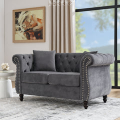 58.8' Chesterfield Sofa Grey Velvet for Living Room, 2 Seater Sofa Tufted Couch with Rolled Arms and Nailhead for Living Room, Bedroom, Office, Apartment, two pillowsW834S00069