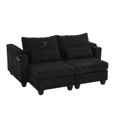 Convertible Chaise Lounge 63' Loveseat Sofa Bed with USB Ports, Cup Holders, Phone Holder & Storage, Black Corduroy