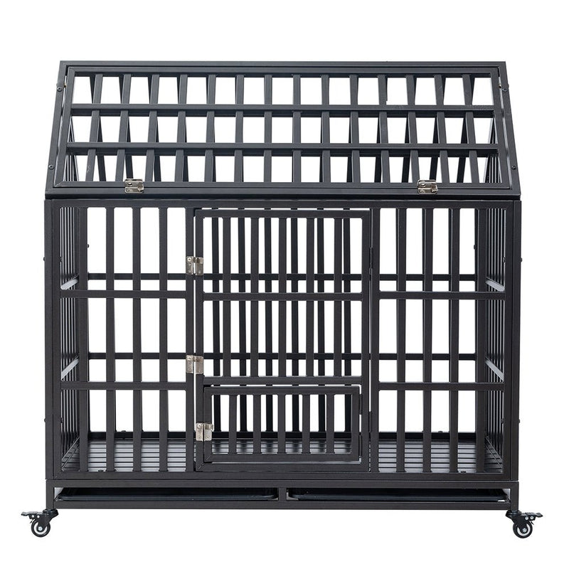 Heavy Duty Carbon Steel Dog Kennel Cage Crate W/ Sloped Roof And Wheels, 48