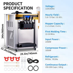 Heavy Duty Commercial 3 Flavor Countertop Soft Serve Ice Cream Maker Machine, 2350W (91803572)