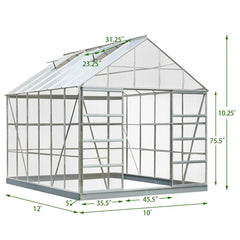 [10x12FT] Large Heavy Duty Outdoor Walk-In Polycarbonate Aluminum Frame Greenhouse With Adjustable Vents & Sliding Doors (SAK93648)