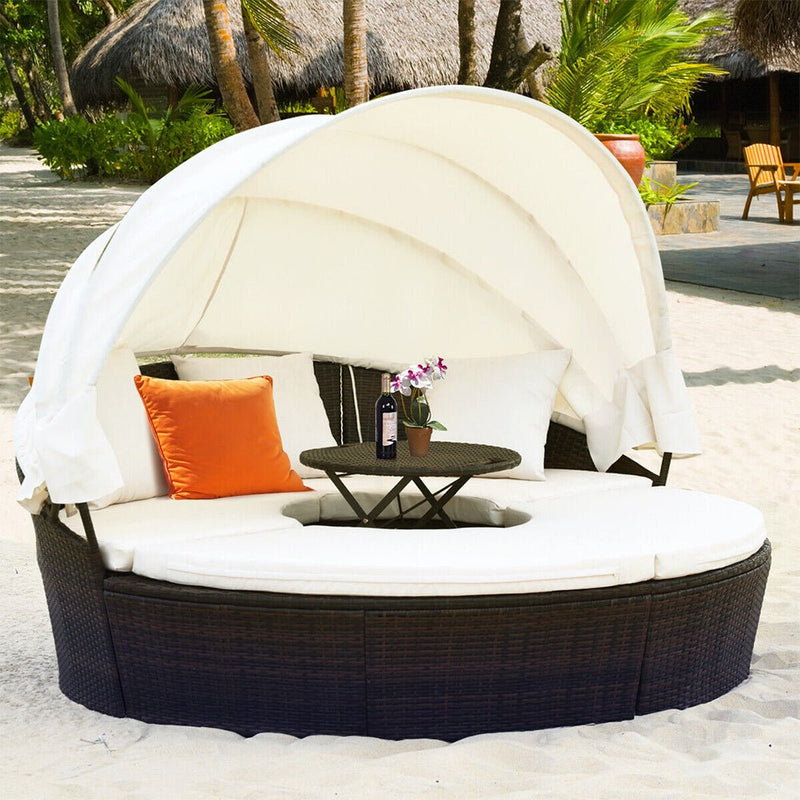 Large Outdoor Patio Rattan Daybed Sofa W/ Adjustable Table Top, Canopy & 3 Pillows, 76
