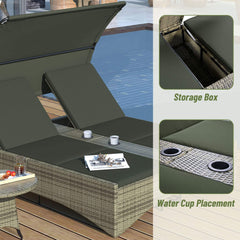 Outdoor Rattan Patio Daybed With Adjustable Backrest, Canopy Roof, Storage Box And Cup Holders (SAK54220)