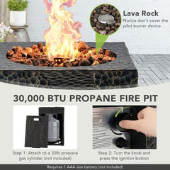 Premium 16FT Square Outdoor Propane Fire Pit W/ Lava Rocks Waterproof Cover, 30,000 BTU (93195268)