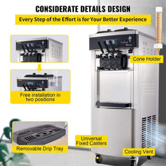 Premium 3-Flavors Commercial Soft Serve Yogurt Ice Cream Machine Maker, 20-28L/H (SAK97524)