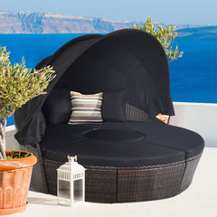 Premium Black Outdoor Patio Rattan Daybed Sofa W/ Adjustable Table Top, Canopy & 3 Pillows, 76'' (92534186)