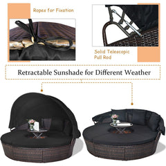 Premium Black Outdoor Patio Rattan Daybed Sofa W/ Adjustable Table Top, Canopy & 3 Pillows, 76'' (92534186)