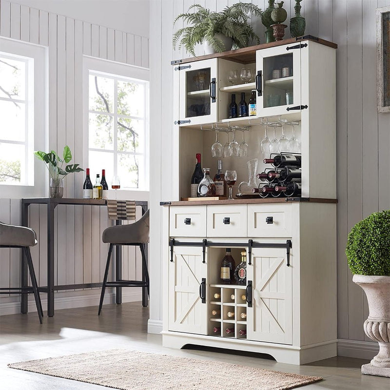 Premium Home Bar Wine Cabinet W/ Sliding Barn Door, 72