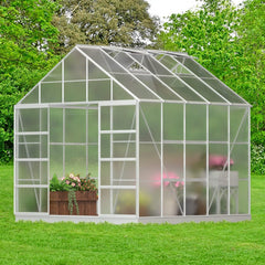 [10x10FT] Premium Outdoor Aluminum Walk-In Greenhouse With Polycarbonate Panels & Sliding Doors (94638275)