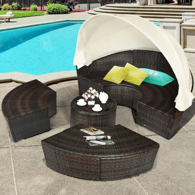 Premium Round Outdoor Patio Rattan Daybed W/ Canopy & Table, 76