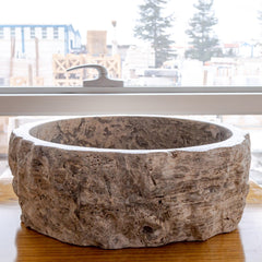 Silver Travertine Rustic Stone Vessel Sink Honed Interior Hand Chiseled Exterior (D)16" (H)6"