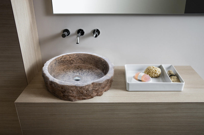 Silver Travertine Rustic Stone Vessel Sink Honed Interior Hand Chiseled Exterior (D)16